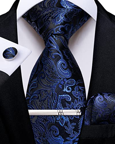 DiBanGu Juego de corbata tejida de seda para hombre, diseño floral de cachemira, con gemelos cuadrados de bolsillo, clip de corbata para boda y negocios, azul marino, Taille unique