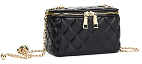 LeahWard Women's MINI Quilted Clutch Bag Patent Chain Strap Purse Pouch Wedding Handbag (Black)