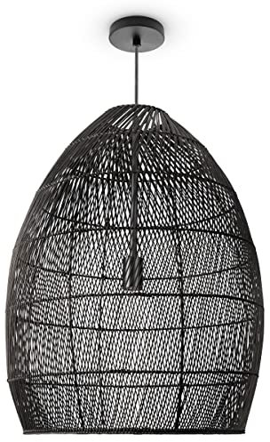 Paco Home Pendelleuchte Wohnzimmer Boho Korbleuchten Pendellampe Rattan Hängeleuchte Esszimmer Lampe Papier E27, Lampenart:Pendelleuchte - Typ 2, Farbe:Schwarz (Ø52 cm)