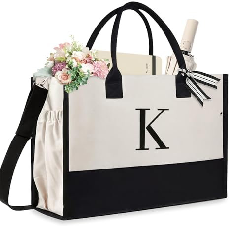 Aucuu Initiale Canvas Tragetasche, Tote Bag, Groß Canvas, Damen Handtasche, Einkaufstaschen mit Schultergurt-Reißverschlusstaschen, Personalisierte Geschenktasche für Frau Mama Lehrer Buchstabe K