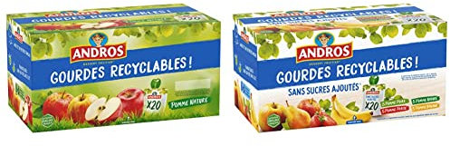ANDROS - Compote de Fruit - Gourde Recyclable - Lot de 20 & Compote de Fruit - Gourde Recyclable - Sans Sucre Ajouté - Goût Pomme + Pomme/Poire + Pomme/Fraise + Pomme/Banane - Lot de 20