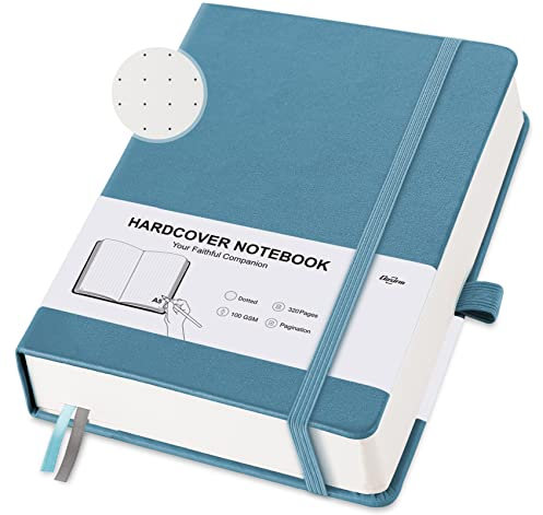 Notizbücher A5 Dotted, Hardcover Gepunktet Notizbuch Journal Notebook mit 320 Nummerierte Seiten, 100 g/m² Tintenfestes Dickes Papier, Mehrfarbige Registerkarten, Innentaschen, 160 Blatt, Blau