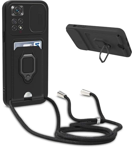 Funda con Cuerda Compatible con Xiaomi Redmi Note 11/Redmi Note 11S 4G,Ajustable Collar de Cuello Cordón Carcasa de Silicona,Protección de la cámara Funda,Anillo Soporte,Ranuras para Tarjetas,Negro