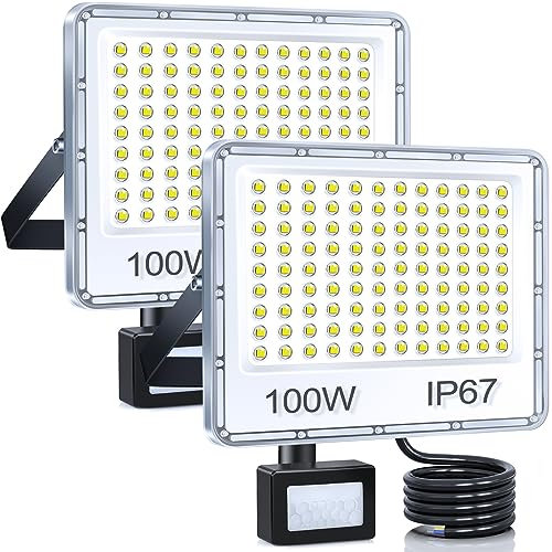 YIQIBRO LED Strahler mit Bewegungsmelder Außen 100W 2 Stück, 10000LM LED Scheinwerfer mit Bewegungsmelder,6500K Kaltweiß Außenstrahler, IP67 Wasserdichte Fluter für Lager Garten Garage