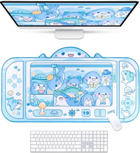 BelugaDesign Shark Desk Pad | Cute Pastel Large Mouse Pad |Cutecore Ocean Switch Anime Keyboard Gaming Mousepad | Machine Washable Nonslip Desk Blotter Protector for Kids Teens and Women (Blue White)