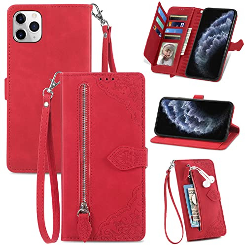 JayModCase Coque pour iPhone 11 Pro Max (6,5 Pouces), PU Portefeuille Rabat Fermeture aimantée étui en Cuir [Antichoc TPU] [Fonction Support] [Dragonne] Étui pour iPhone 11 Pro Max - Rouge