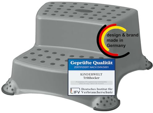 KiNDERWELT Premium zweistufiger Tritthocker für Kinder und Babys, Grau, Tritthocker 2 Stufen für Kleinkinder ab 3 Jahren, abwischbar, rutschfest und BPA-frei