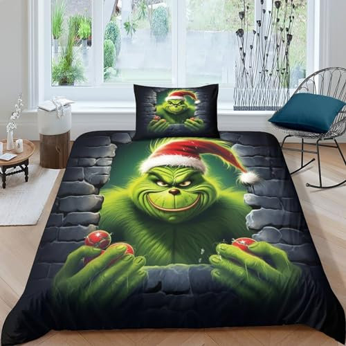 SAYOBO Weihnachten Grinch Bettbezug Set 3D Gedruckter Weihnachten Mädchen Junge Kinder Bettwäschegarnitur Bettwäsche Und Kissenbezüge Reissverschluss Weich Microfaser 2 Teilig Single(135x200cm)