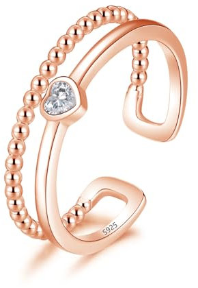 Cangall Adjustable Silver Rings for Women, 925 Sterling Silver Simple Open Rings, Double Lines Band Open Rings with Heart Design, Adjustable Rose Gold Thumb Finger Rings Eternity Rings for Girls