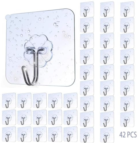AOMEES Heavy Duty Wall Hooks - Self Adhesive 42pcs, Max 8kg, Kitchen, Bathroom & Door Hooks for Hanging Utensils, Towels, Keys & More