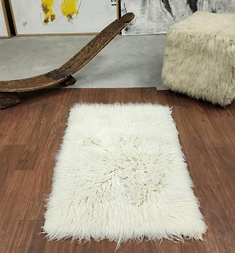 Stylish Greek flokati Rugs. Soft and Fluffy 3” Pile. 100% Natural Wool. Modern Off-White Shaggy Area Rug. (2' x 3')