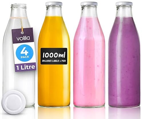 Glass Milk Bottles with Lids 1L - 4 Pack Reusable Milk Bottle for Beverages, Sauces, Storage Container and Decor - Leakproof Glass Bottles with Lids, Labels and Pen (White Lid)