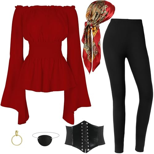 CICOCI Piratenkostüm für Damen mit Zubehör, Renaissance-Bluse, Oberteil, Gürtel, Kopftuch, komplettes Outfit, Halloween-Kostüm