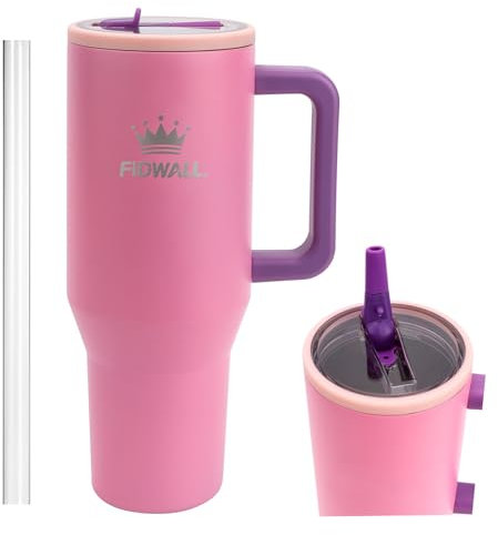 FIDWALL 40oz Vaso Aislado de Acero Inoxidable a Prueba de Fugas con Asa,Tapa con Pajita Abatible,Posavasos de Silicona Antirruido con Pajita,para Oficina,Gimnasio (Violeta pastel)
