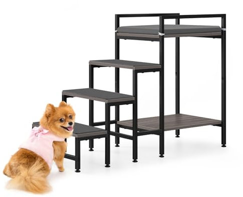 Haustier-Fensterstange mit Treppe, graue Hundefensterstange mit Treppe, 4 Stufen Hunde-Etagenbetten mit Treppe, Haustiertreppe für hohe Betten mit Kissen für mittelgroße kleine Haustiere