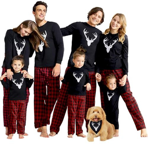 IFFEI Weihnachts Pyjama Passende Familien Pyjama Sets Langarm Schlafanzug Zweiteiler Tops und Pants Hausanzug Black Geweih Men Medium