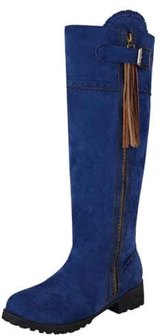 rismart Stivali Al Ginocchio Donna Punta Rotonda Tacco Grosso Zip laterale Stivali Lunghi Scarpe Autunno Inverno Blu Reale,36