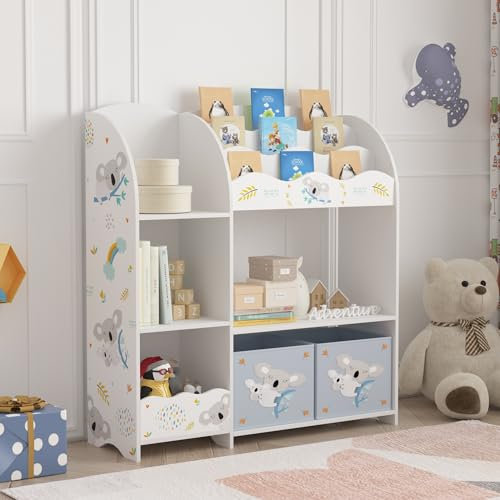 [en.casa] Kinderregal Lysekil Bücherregal für Kinder mit 2 Aufbewahrungsboxen Spielzeugregal 100 x 93 x 30 cm Spielzeug Aufbewahrung Koala Motiv