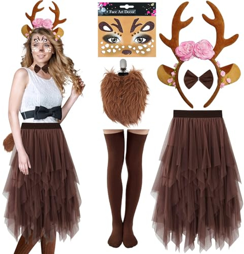 Reh Kostüm Damen Brauner Tüllrock Lang mit Reh Geweih Haarreif Tattoo Socken Rentier Kostüm Erwachsene Bambi Kostüm Damen Fasching karneval kostüm Damen Reh Tütü Rock Braun Lang Rehkitz Kostüm Damen