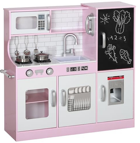 AIYAPLAY Cuisine Enfant Jouet d'imitation dinette Enfant de 3-8 Ans avec téléphone, Tableau Noir, Micro-Ondes, cuisinière, évier, Accessoires de Cuisine, Rose