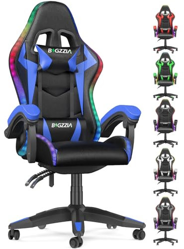 bigzzia Gaming Chair with RGB Computer Chair with Light Reclining PU Leather Video Game Chair with Headrest Adjustable Lumbar Support (With RGB led, Blue)