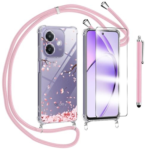 Handykette Kompatibel mit Oppo A40 / A40M / A60 5G Hülle mit Displayschutzfolie Schutzfolie, Necklace Handyhülle mit Abnehmbar Kordel zum Umhängen Silikon Case Schutzhülle mit Band, Rosa