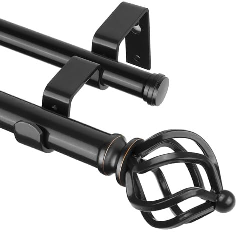 KAMANINA Doppelte Gardinenstange 91,4 bis 182,9 cm, schwarz, robuste Gardinenstangen für Fenster, 2,2 cm Teleskop-Gardinenstangen mit dekorativen gedrehten Käfig-Endstücken