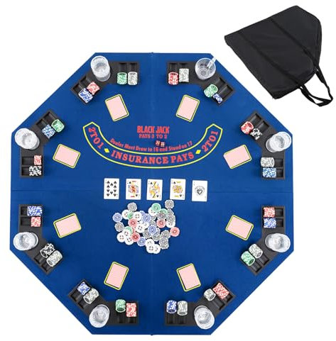 GYMAX 1.2M/48 Inches Foldable Poker Table Top, 8-Player Professional Texas Hold’em Poker Table Mat Layout with Cup Holders & Chip Trays, Carrying Bag, Poker Card Table Topper for Party Casino (Blue)