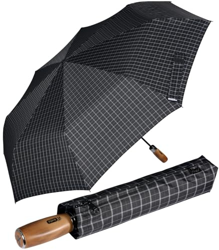iX-brella - Herrenschirm XXL 121 cm mit echtem Holz-Stabgriff und Auf-Zu-Automatik - check black