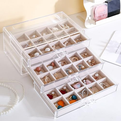 Jinavoty Caja de almacenamiento de aretes y joyas de acrílico, 3 cajones, 45 bandejas de terciopelo, organizador de joyería para mujeres y niñas (beige, 3'
