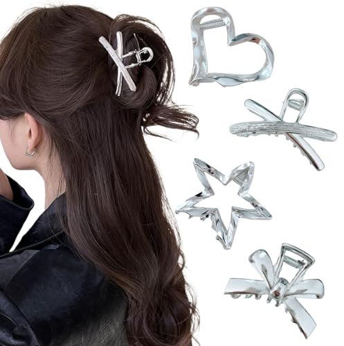 Ypkia Set di 4 fermagli per capelli geometrici, in metallo, argento, per capelli spessi e sottili