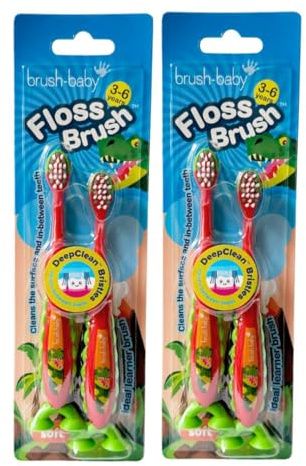 brush-baby - Dinosaurier FlossBrush Zahnbürsten, 3-6 Jahre - Weiche Borsten für Milchzähne & Zahnfleisch - Lustiges Dinosaurier-Design mit Saugfüßen - Reinigt die Oberfläche und die Zahnzwischenräume