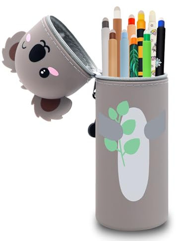 Set mit 10 radierbaren Gelstiften + 2-in-1-Federmäppchen mit thermoempfindlicher Löschtinte, Einer Vielzahl von Tintenfarben und Schaftdesigns, 0,7 mm Spitze (Blatt-Koala + 10 abwischbare Stifte)