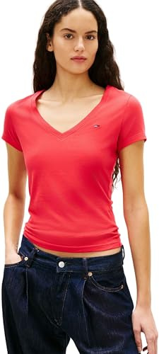 Tommy Jeans Damen T-Shirt Kurzarm Slim mit V-Ausschnitt, Rot (Red Alert), M