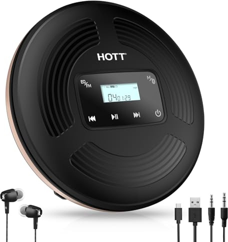 HOTT Portable CD Player 1800mAh Rechargeable CD Player with Bluetooth and FM Transmitter Ideal for Travel, Home and Car with Stereo Headphones and Shockproof Design (Black)