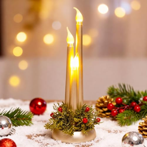 Kaezuy Weihnachtsdeko LED Kerzen, 3 Stück Flammenlose Weihnachtskerzen mit Base, Batteriebetrieben LED Kerzen mit Realistischer Flamme, Flammenlose Kerze für Hochzeiten Partys Weihnachten (Silber)
