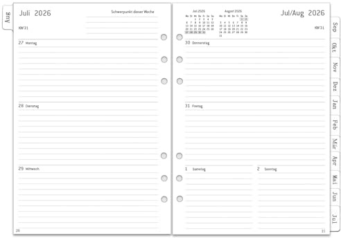 2026 2027 Wochenplaner Einlage A5 6 Löcher(Deutsch), 1 Woche auf 2 Seiten mit Tabs, Notizen, Kontakt, August 2026 - Juli 2027, 100 GSM Nachfüllung für Kalender 2026/27 Planer Organiser