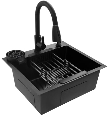 Fregadero de cocina negro 50 x 45 cm, acero inoxidable 201, fregadero de cocina, 40 cm, grifo extensible, juego de fregadero empotrable, línea en X, fregaderos de cocina con cesta de drenaje