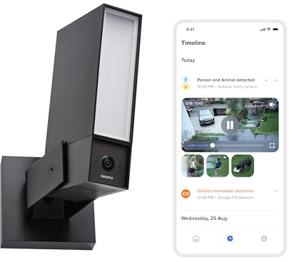 Netatmo Videocamera di Sorveglianza Esterna, WiFi 5 GHz, 2SD, 2K HDR, Rilevamento intelligente di persone/Veicoli e animali/proiettore LED 12 W, Sirena 105 dB, Archiviazione locale, NOC2-B-AMZ