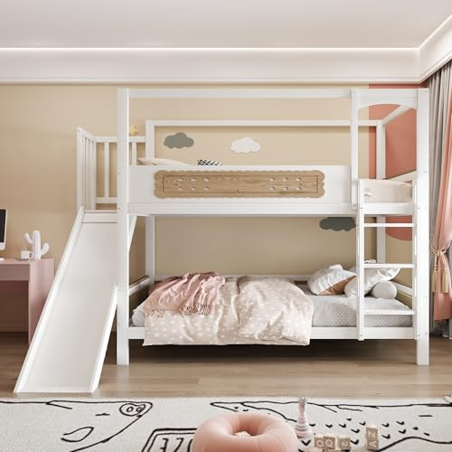Wiuzo Etagenbett Kinderbett 90x200 cm Mit hausförmigem Bettrahmen, keksförmigen Schutzgittern, Rutsche und extrabreiter Sicherheitsleiter, Holzfarbe