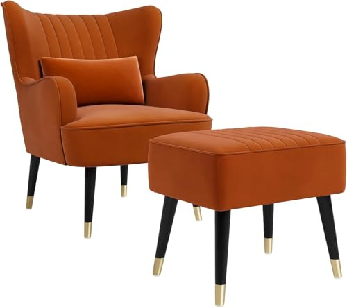 Vesgantti Samt Sessel, Moderne Relaxsessel mit Holzbein, Loungesessel mit Armlehnen, Ohrensessel für Wohnzimmer Schlafzimmer (Orange, Mit Fußhocker)