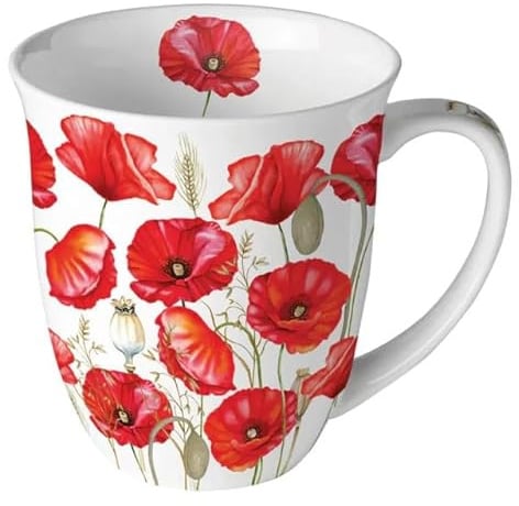 Porzellanbecher 400ml aus Fine Bone China – Kaffeebecher mit Frühlings-, Sommer- und Ostermotiven – Große Tasse für Tee & Kaffee, 10,5 cm hoch (Mohnblume)