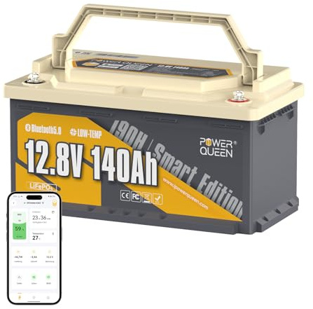 Power Queen Batterie Lithium 12V 140Ah H190 Bluetooth, 1792Wh Mise à Niveau du BMS 150A, Protection Contre Les Basses Températures, DIN H8 L5 Groupe 49 Taille, Convient sous Les sièges de Caravane
