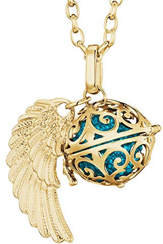 Morella Damen Halskette Gold Edelstahl 70 cm mit goldenem Anhänger Engelsflügel und Klangkugel Zirkonia Petrol Ø 16 mm in Schmuckbeutel