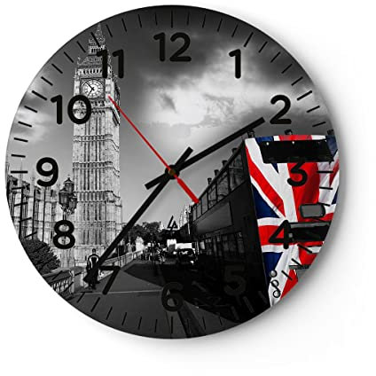 Modern Wanduhr Bus London Big Ben Gebäude 30x30cm Rund Klein Wand Uhr Glas Analog Zimmeruhren Küche Büro Wohnzimmer Glasuhr Wall Clock Dekoration Design Wanddekoration Küchenuhr C4AR30x30-2670