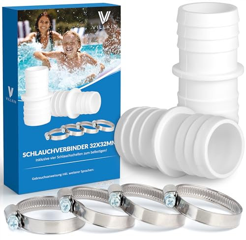 2x Schlauchverbinder mit 4x Schlauchschellen für den Pool - Schlauchtülle im 2er Pack (32mm x 32mm, Weiß)