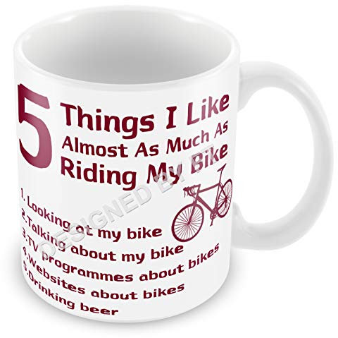 Five Things I Like Almost As Much As Riding My Bike Novelty Ceramic White 11oz (Red) Gift Mug by FT