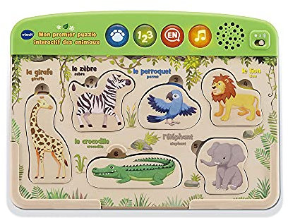 VTech - Mon Premier Puzzle Interactif des Animaux, Puzzle Bébé Interactif et Musical Partiellement en Bois, 6 Pièces Animaux de la Jungle, Cadeau Bébé Garçon et Fille Dès 18 Mois - Contenu en Français