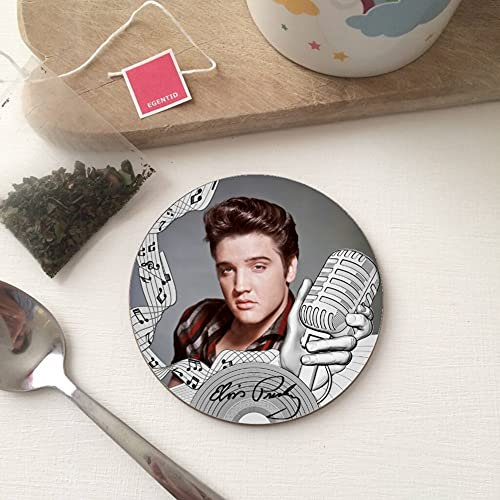 BigBazza Round Circle Wood Gift Coaster Coffee Tea Office Kitchen Novelty Cup Work Mug - Elvis Presley The King Rock Roll Music
