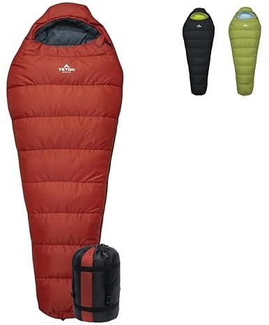 Teton LEEF Lightweight Mummy Sleeping Bag Perfect for Camping, Hiking, and Backpacking; Cold Weather Option, Compression Sack Included - Fire & Slate, 0F